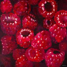 an oil painting of raspberries on a black background