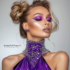 a woman with purple makeup and jewelry on her neck