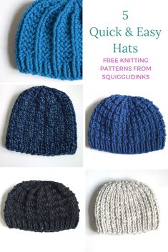 four different knitted hats with text that says 5 quick and easy hats