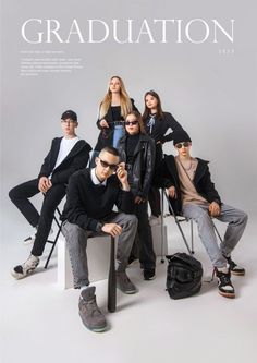 a group of people sitting next to each other in front of a white background with the words graduation on it