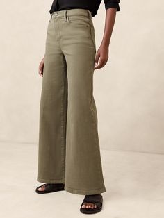 High-Rise Wide-Leg Jean | Banana Republic Factory Light Wash Mid-rise Relaxed Fit Wide Leg Pants, Wide Leg Jeans Banana Republic, Non-stretch Washed Wide Leg Jeans, Relaxed Fit Wide Leg Pre-washed Jeans, Pre-washed Cotton High Rise Jeans, Stretch Denim Fabric, Raw Hem Jeans, Banana Republic Factory, Shank Button