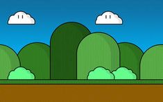 an animated landscape with trees and clouds in the sky