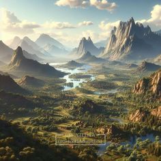 an artist's rendering of a mountain valley with lakes and mountains in the background