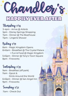 a poster with the words chandler's happily ever after on it and an image of a castle