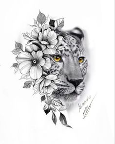 a drawing of a leopard with flowers on its head