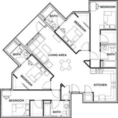 an apartment floor plan with three bedroom and two bathroom areas, including the living area