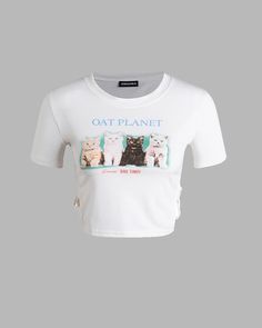 Details: Cropped T-shirt withwaist-line straps design. and cats printTop Length: CroppedSleeve Length: Short SleevesMaterials:95% Cotton + 5% Spandex Cute Grunge, Top Cat, 90s Hip Hop Fashion, Outfit 90s, Cropped T Shirt, Baby T Shirt, Maxi Dresses Casual, Crop Top Blouse, Crop Tshirt