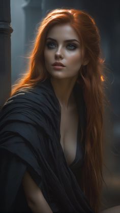 a woman with long red hair and blue eyes is posing for a photo in the dark