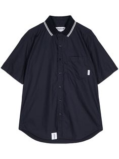 midnight blue cotton logo tag stripe trim spread collar front button placket short sleeves chest patch pocket curved hem Navy Cotton Collared Short Sleeve Shirt, Navy Collared Cotton Short Sleeve Shirt, Navy Collared Short Sleeve Cotton Shirt, Navy Short Sleeve Shirt For Streetwear, Navy Cotton Short Sleeve Shirt With Pockets, Classic Navy Cotton Short Sleeve Shirt, Classic Cotton Short Sleeve Shirt For Streetwear, Logo Tag, Cotton Logo