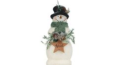 a snowman ornament with a hat and scarf