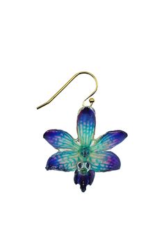 a pair of blue and purple flower shaped earrings