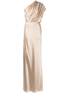 Champagne brown silk asymmetric open back gown from MICHELLE MASON featuring draped detailing, side slit, off-shoulder, sleeveless, fitted waistline and long length. Asymmetrical Evening Dress, Cowl Back Dress, Open Back Gown, Michelle Mason, Floral Print Pants, Long White Dress, Bridesmaids Dress, Asymmetrical Neckline, Silk Gown