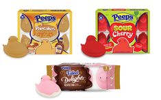 three different types of candy are shown in this image, one is pink and the other is brown