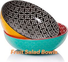 three bowls are stacked on top of each other with the words fruit salad bowls above them