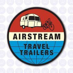 the airstream travel trailer logo is shown in red, white and blue with an image of a man on a bike