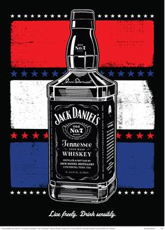 a bottle of jack daniels whiskey in front of an american flag