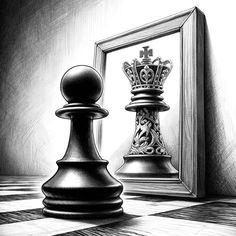 a black and white drawing of a chess piece next to a mirror