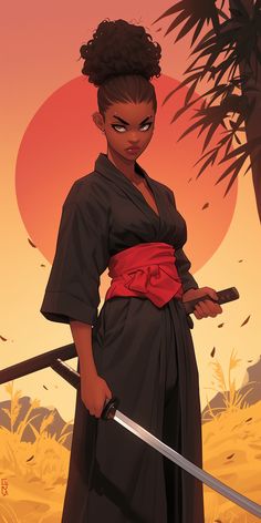 Hello, if you like and wanna support my work please check link below :) Black Female Samurai, Black Samurai Art, Afro Hair Drawing, Figma Illustration, Egyptian Warrior, Samurai Girl, The Fable, Female Samurai, Afro Samurai