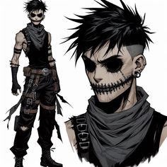 a drawing of a man with black hair and skull make - up on his face