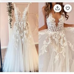 two pictures of the same wedding dress, one with white flowers on it and another with an open v - neckline