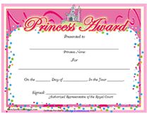 a princess award certificate with confetti on the edges and a castle in the background