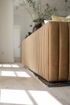 an inflatable bed sitting on top of a wooden floor next to a plant