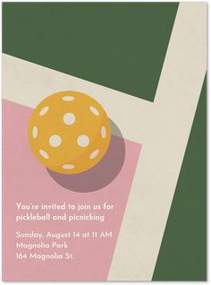 an orange is sitting on top of a pink and green background with the words, you're invited to join us for pickball and picking