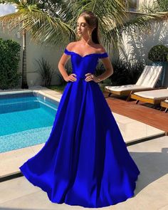 Prom Dresses Long A Line, A Line Party Dress, Blue Satin Prom Dress, Satin Prom Dress Long, Royal Blue Evening Dress, Off Shoulder Evening Gown, Cheap Party Dresses, Prom Dress Long, Elegant Prom Dresses