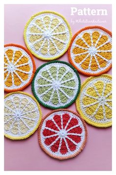 four crocheted fruit coasters are shown on a pink surface with the words, pattern