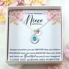 The modern meaning of the infinity symbol is endless love and connection between two people. In this instance it represents the affection between an aunt and her niece. It has been personalized with the birthstone and initial of your niece. The beautiful infinity necklace is hand crafted with a sterling silver infinity symbol and a Swarovski birthstone bezel measuring 6mm, accented with a sterling silver handstamped disc with the initial of your niece.  The pendant hangs from a sparkling sterlin Meaningful Necklace For Birthday Gift, Meaningful Birthday Gift Necklaces, Meaningful Necklaces For Birthday Gifts, Inspirational Birthday Necklace Gift, Adjustable Hypoallergenic Necklace For Birthday, Adjustable Charm Necklace For Birthday Gift, Inspirational Adjustable Necklace For Birthday Gift, Inspirational Hypoallergenic Necklace For Gifts, Aunt Niece