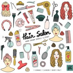 the hair salon doodle clipart set includes different types of hair and beauty products