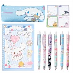 various stationery items including pens and notebooks