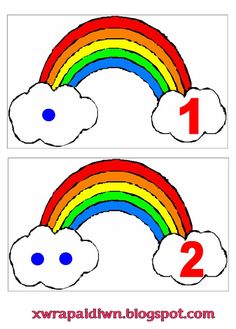 two rainbows with clouds and numbers to make them look like they are in the sky