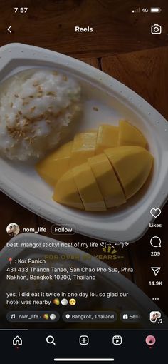 a white plate topped with mango slices and rice