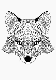 a black and white drawing of a fox's head with intricate patterns on it