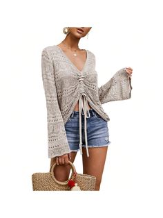 BZB Womens Boho Off Shoulder Sheer Crop Tops Bell Sleeve Flowy Oversized Crochet Ruched Pullover Sweaters Grey   Long Sleeve  Plain    Women Clothing, size features are:Bust: ,Length: ,Sleeve Length: Crochet Top Beach, Boho Pullover, Sheer Crop Top, Slouchy Style, Knit Blouse, Cropped Tops, Street Look, Beach Tops, Mode Inspo