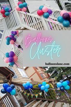 balloons and streamers are hanging from the stairs in front of a house that says balloon cluster