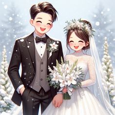 a bride and groom standing next to each other in front of snow covered pine trees