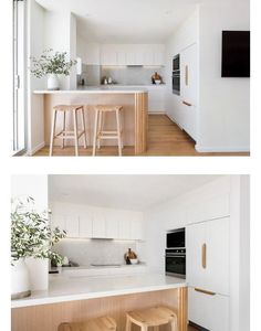 two pictures of the same kitchen with white cabinets and wood stools in front of an island