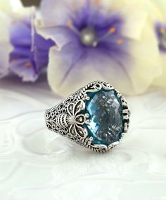 Colored Stone Rings, Oyster Bay, Silver Polish, Blue Topaz Gemstone, Blue Stone Ring, Blue Stones, Detailed Design, Sterling Silver Filigree, Velvet Pouch