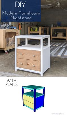 two different types of furniture with the words diy modern farmhouse night stand