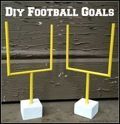 two yellow and white square stands with the words diy football goals on top of them