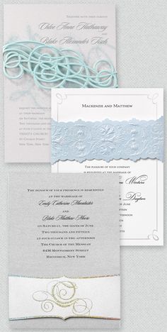 the wedding stationery is laid out on top of each other