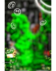 an animated green tree with smiley faces on it's face and some bubbles in the air