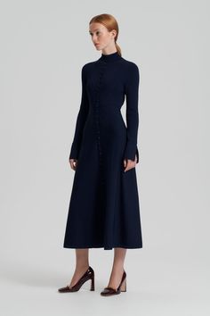 CREPE KNIT BUTTON POLO DRESS - NAVY - Scanlan Theodore Elegant Navy Midi Dress For Fall, Elegant Knee-length Sweater Dress With Buttons, Classic Navy Midi Dress, Elegant Navy Dress For Fall, Elegant Navy Dresses For Fall, Fitted Navy Dress With Buttons, Elegant Navy Midi Dress With Buttons, Evening Midi-length Dresses With Button Cuffs, Classic Navy Dress With Buttons