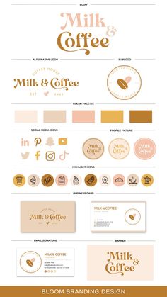 Milk & Coffee Logo - modern logo Business Branding Template, Patisserie Branding Visual Identity, Brand Sheet Style Guides, Branding Package Template, Brand Package Template, Brand Identity Kit Template, Brand Identity System Design, Canva Brand Kit Colors, Brand Design Package