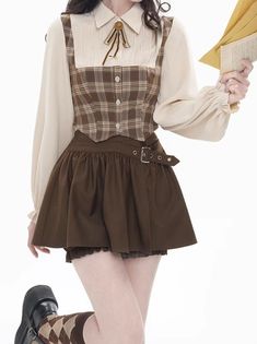 ❤Mocha cocoa college style faux two-piece shirt + split skirt❤︎ Two Piece Shirt, Maillard Reaction, Preppy Shirt, Brown Shirt, Split Skirt, Half Skirt, College Style, College Fashion, Fashion Set