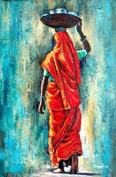 a painting of a woman with a tray on her head walking down the street in india