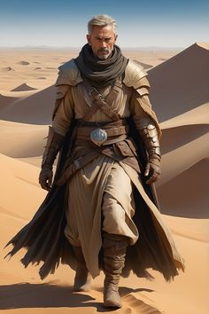 a man dressed in armor walking through the desert