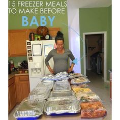 a woman standing in front of a counter filled with food and packaged up for sale